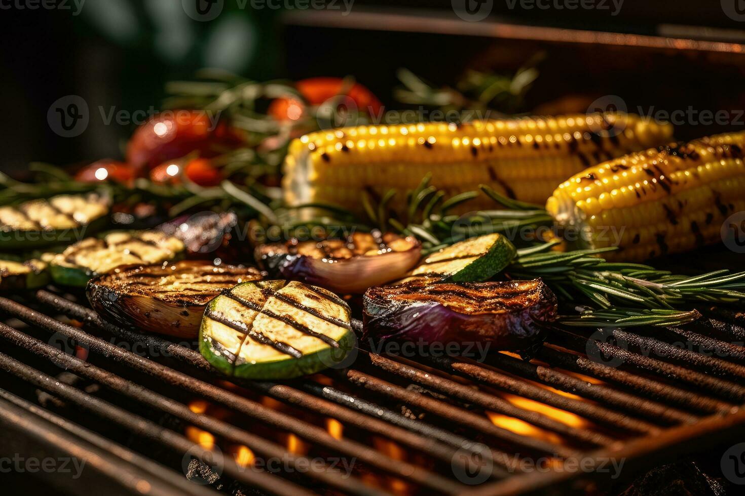 Vegetables fried on a barbecue on a dark background. Generative AI technology. photo