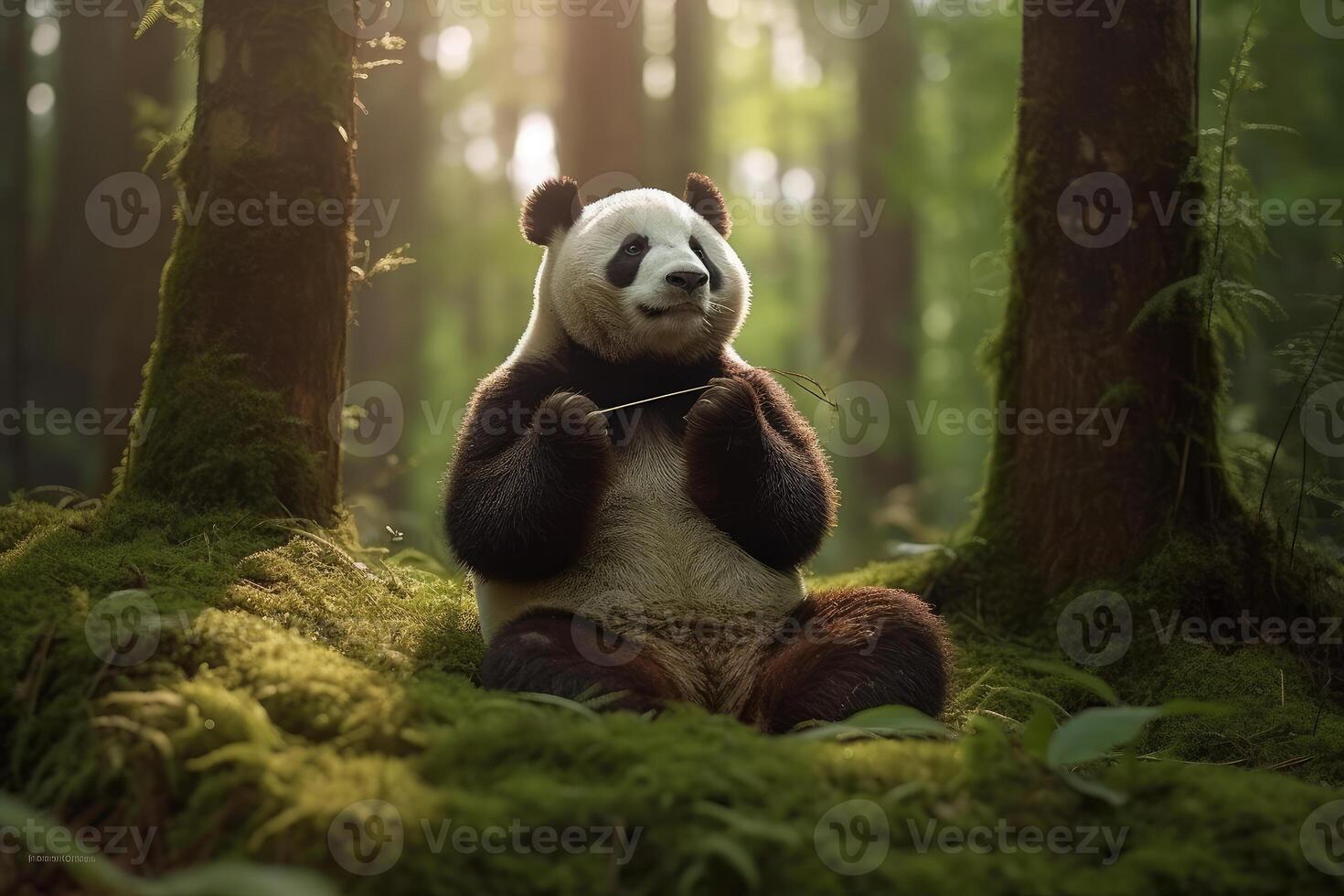 Panda in the forest. Generative AI technology. photo