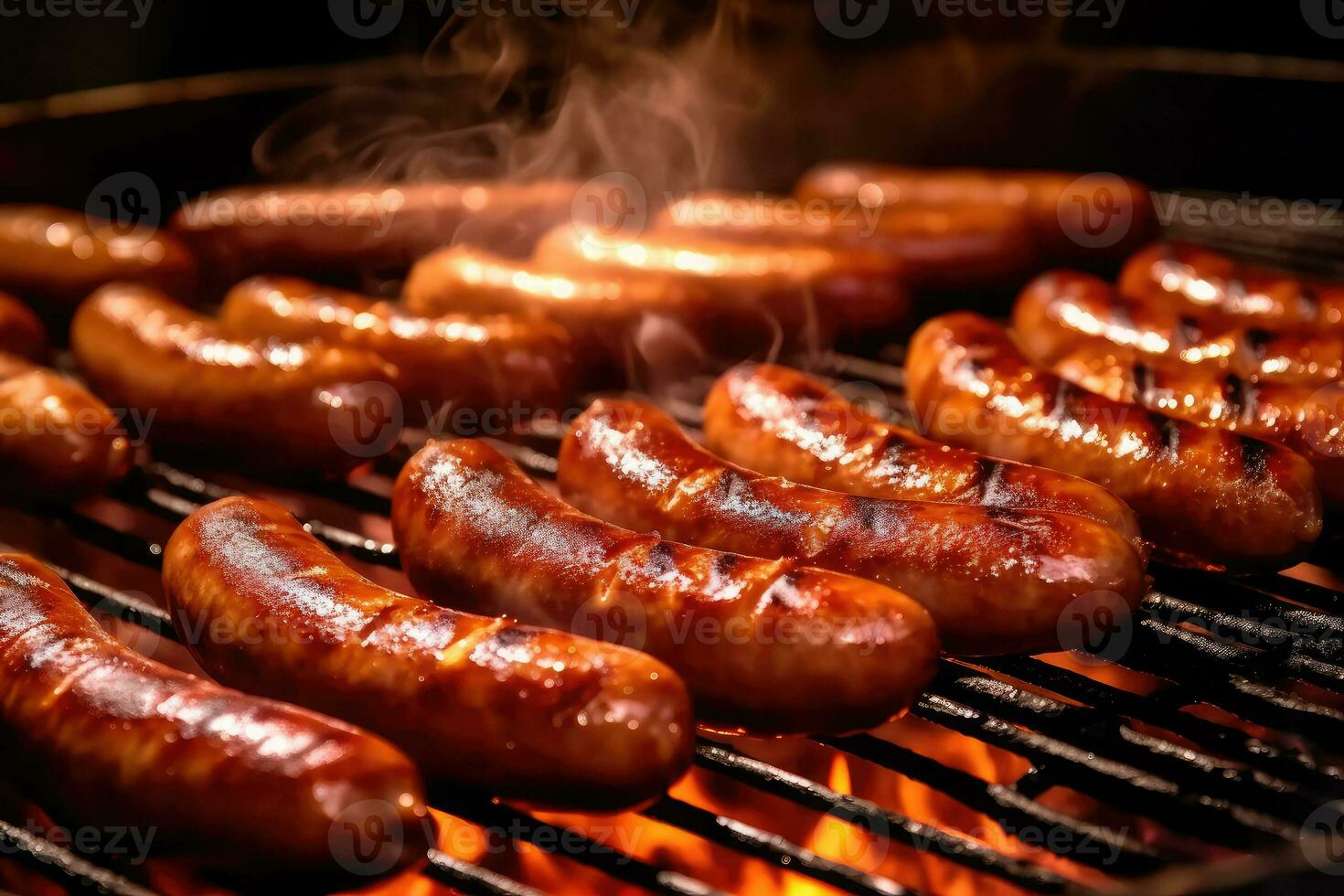 Sausages fried on a barbecue on a dark background. Generative AI technology. photo