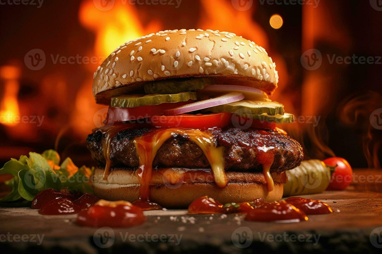 Burger on a dark background. Fast food. Generative AI technology. photo