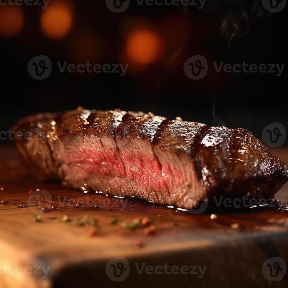 Steak on a wooden board on a dark background. Generative AI technology. photo