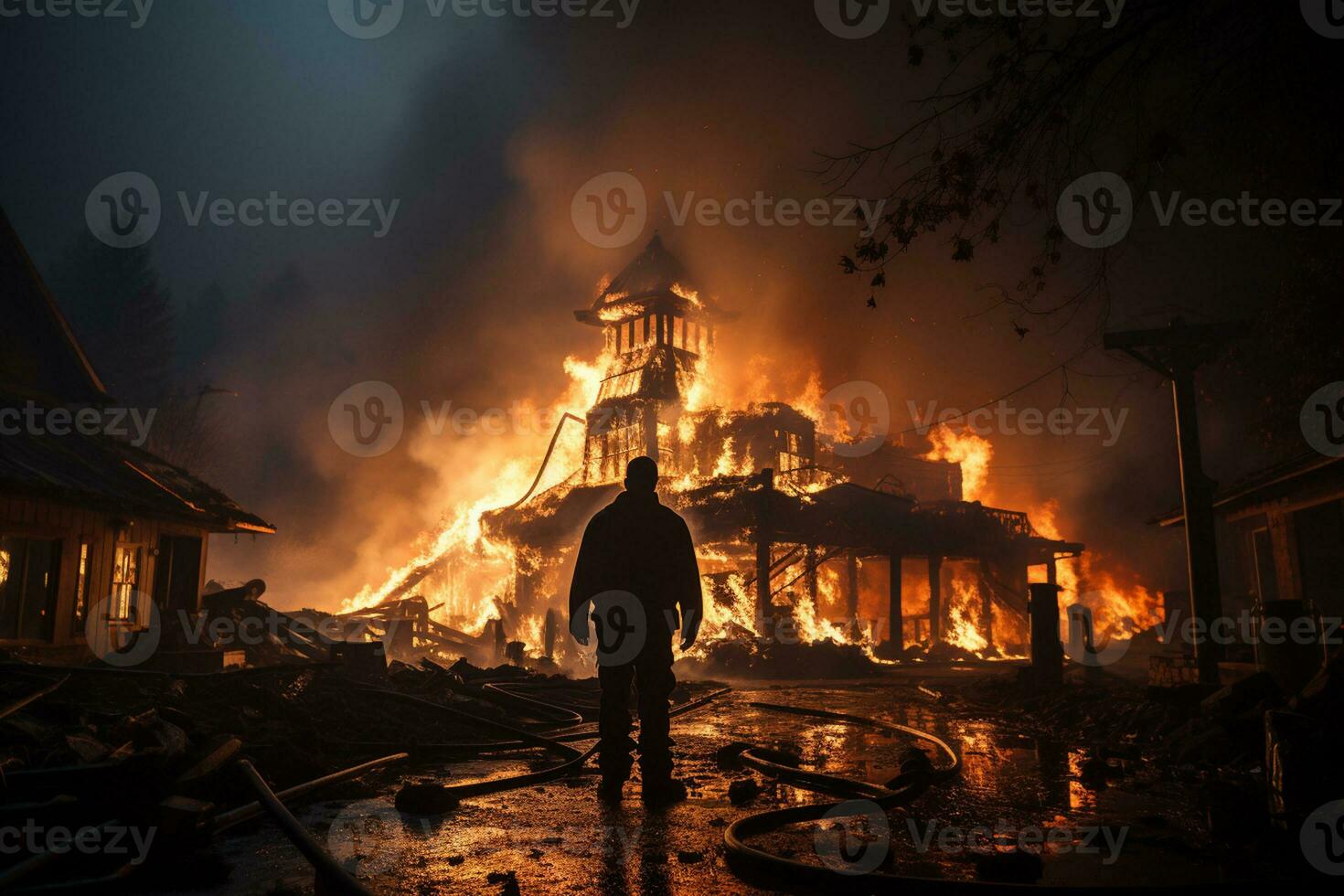 Firefighters extinguish a burning house in the village at night. photo