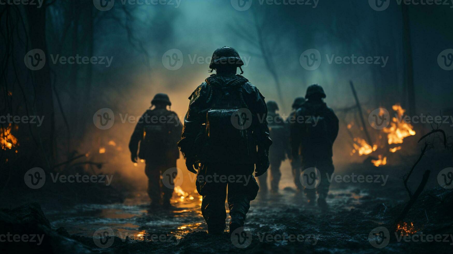 AI Generative Soldiers with Rifles Advancing through Smoke-Filled Battlefield photo