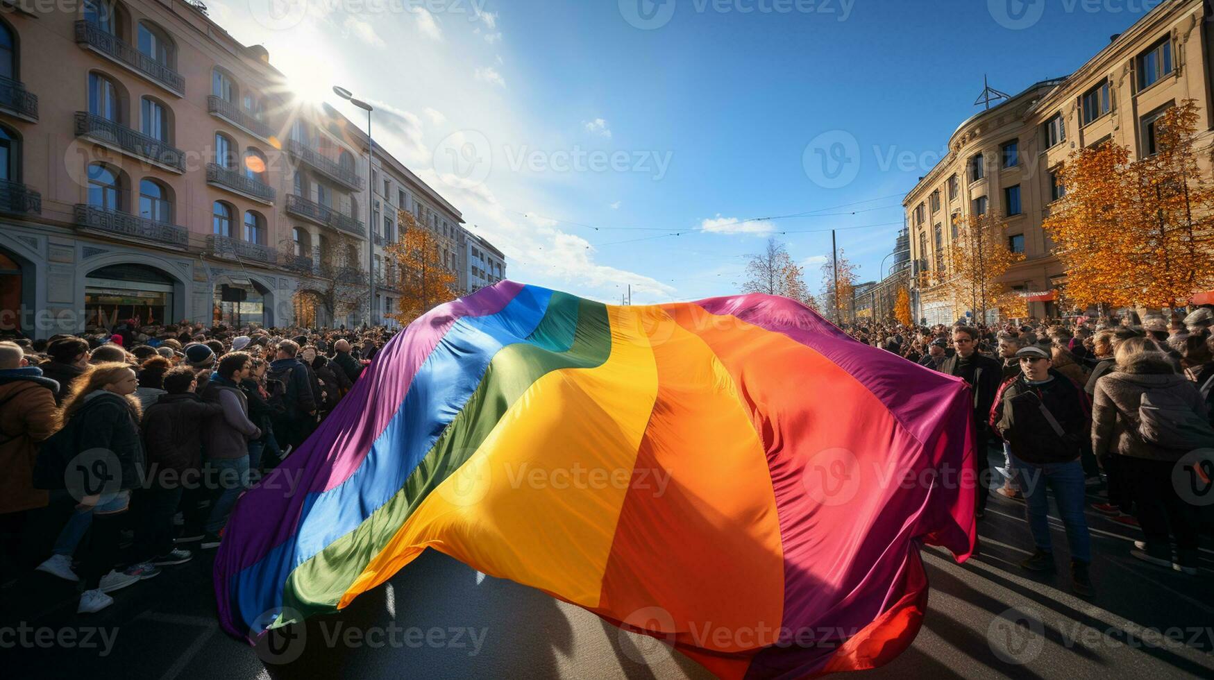 protesters holding Rainbow color Flag photo