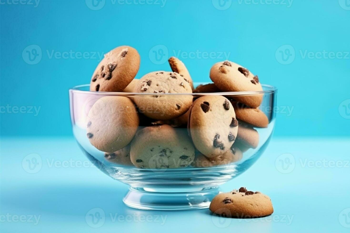 AI Generative A glass bowl filled with chocolate chip cookies on a solid color  background. photo