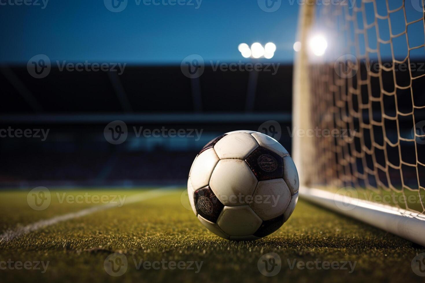 Soccer ball on the green grass and goal net in football stadium photo