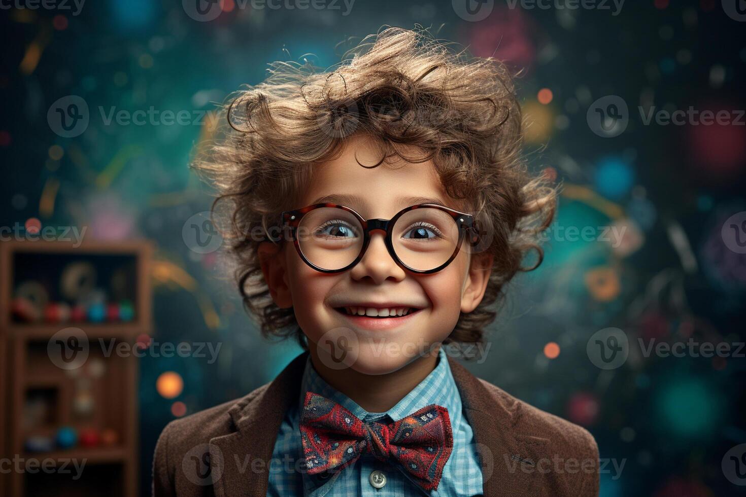 a young boy posing in front of chalkboard with back to school concept photo