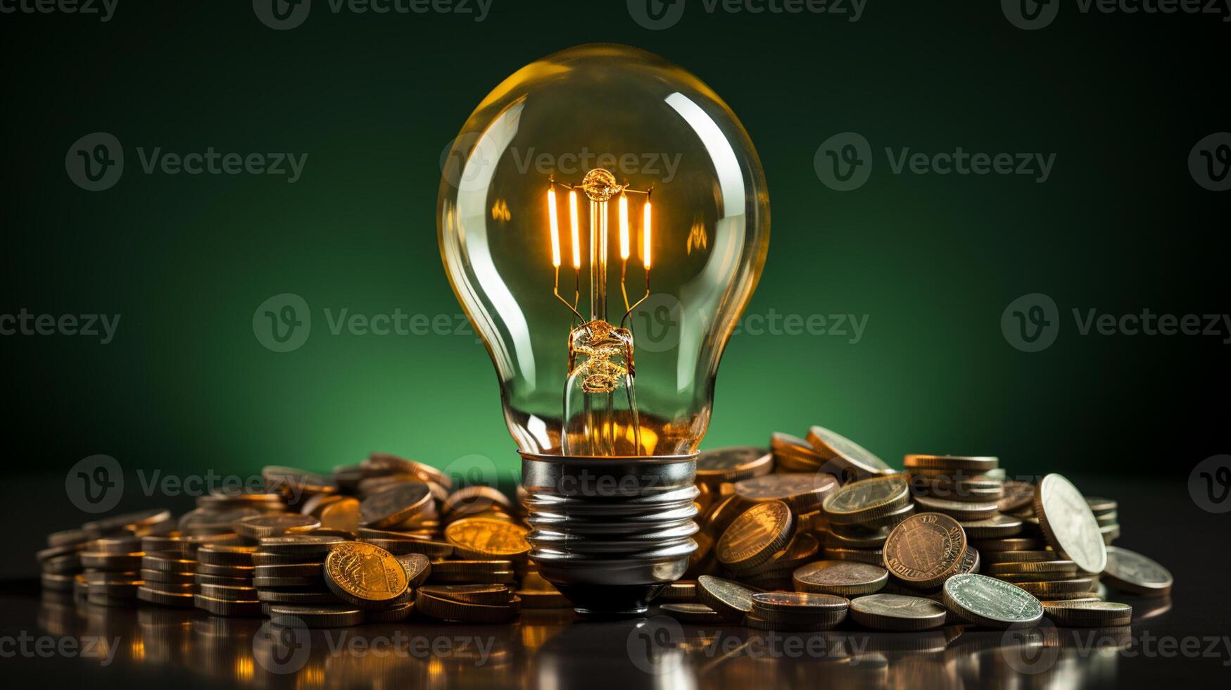 AI Generative Rising energy cost concept. Light bulb on top of a stack of currency photo