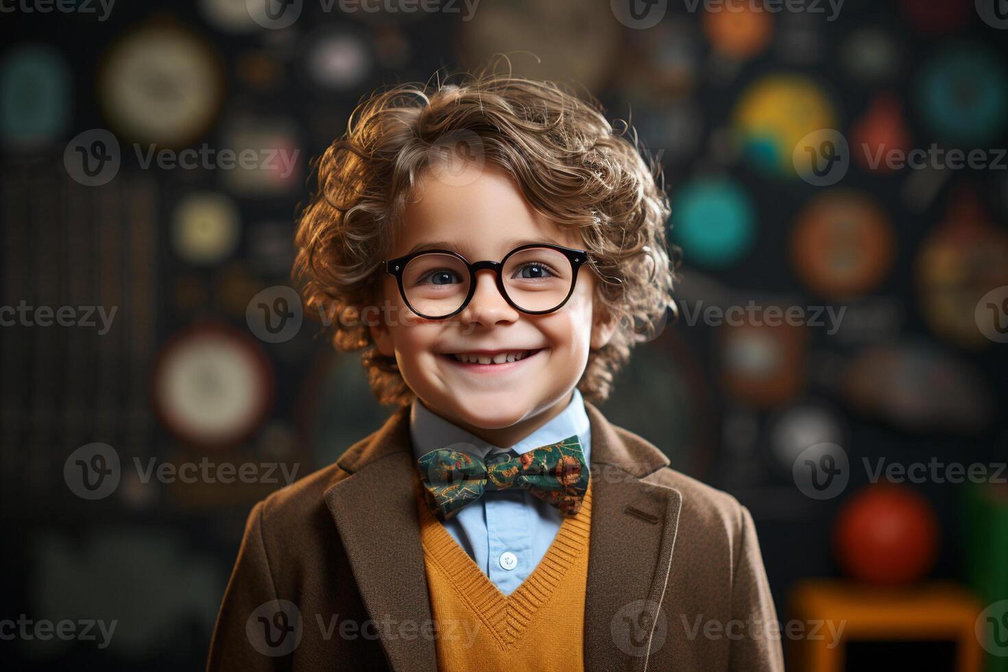 a young boy posing in front of chalkboard with back to school concept photo