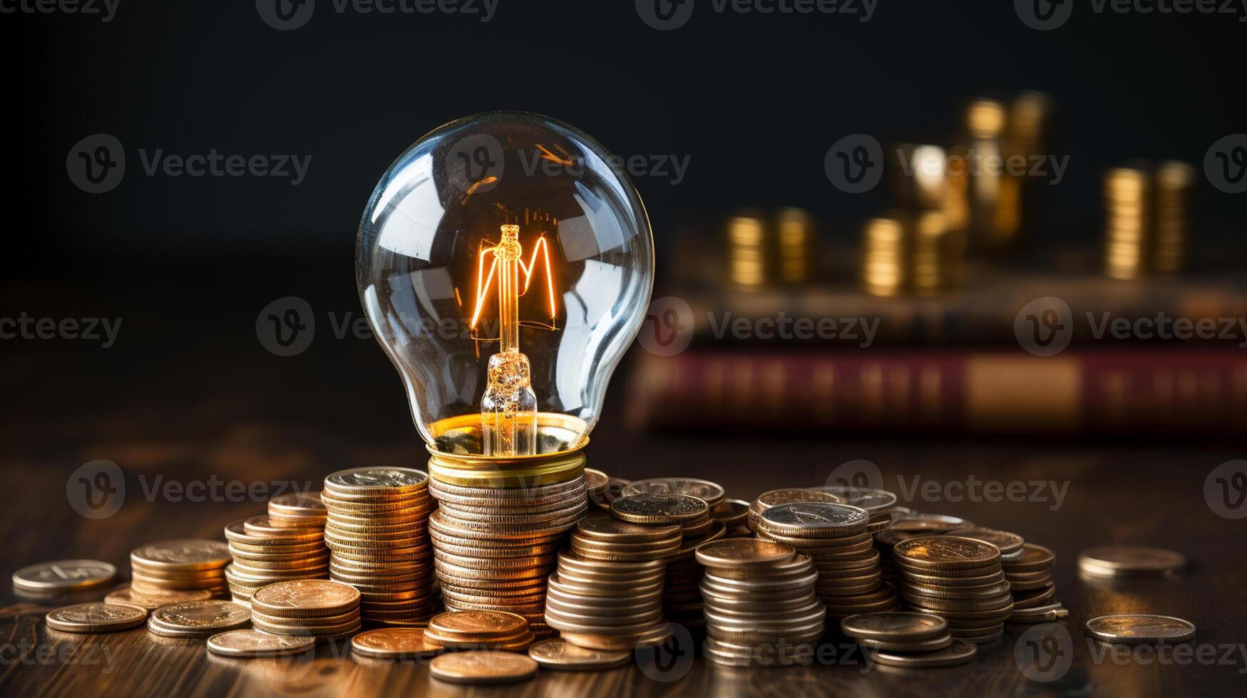 Rising energy cost concept. Light bulb on top of a stack of currency photo