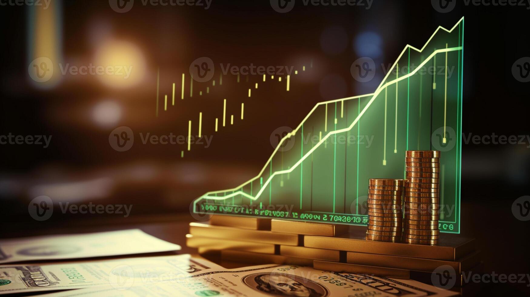 Growth dollar business success arrow sign on economy, profit background, graph, chart concept and inflation photo