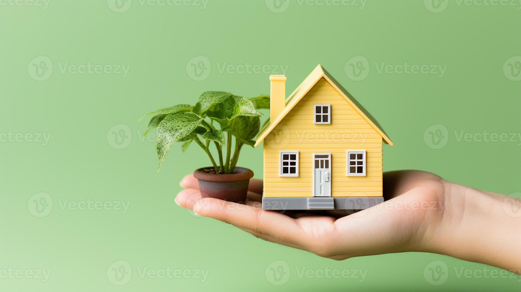 AI Generative a hand holding a house for sale , real estate concept , photo