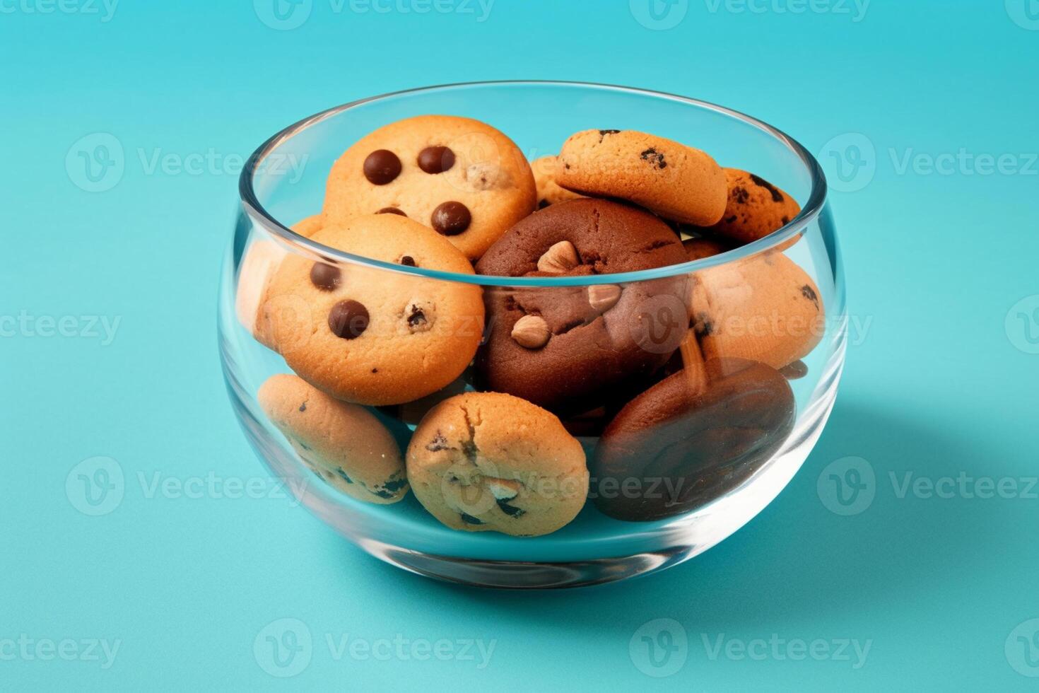 A glass bowl filled with chocolate chip cookies on a solid color background. photo