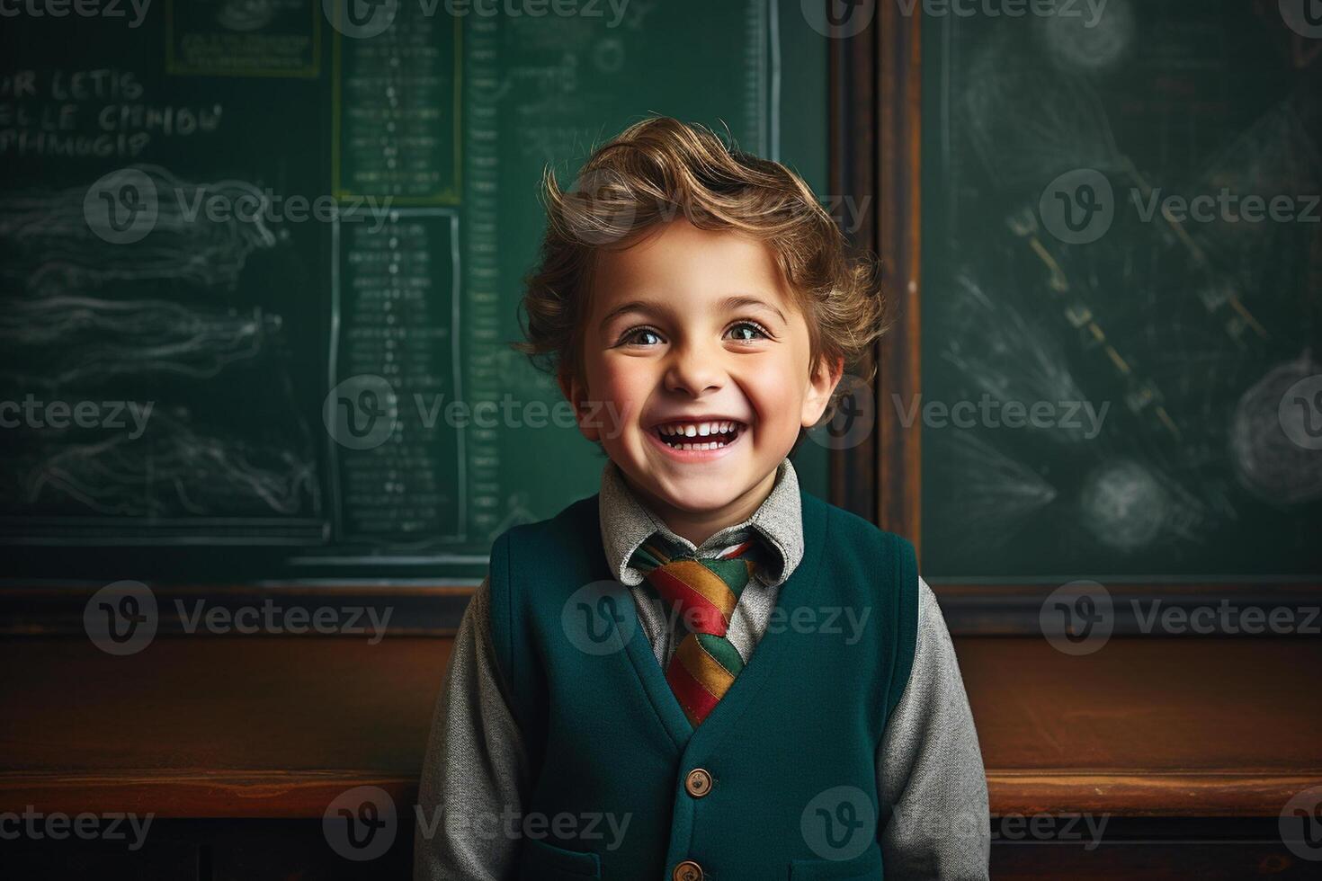 a young boy posing in front of chalkboard with back to school concept photo