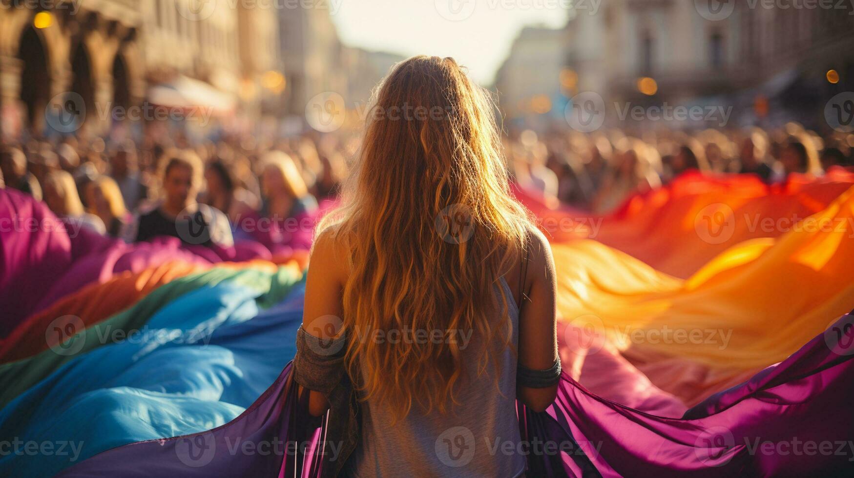 protesters holding Rainbow color Flag photo