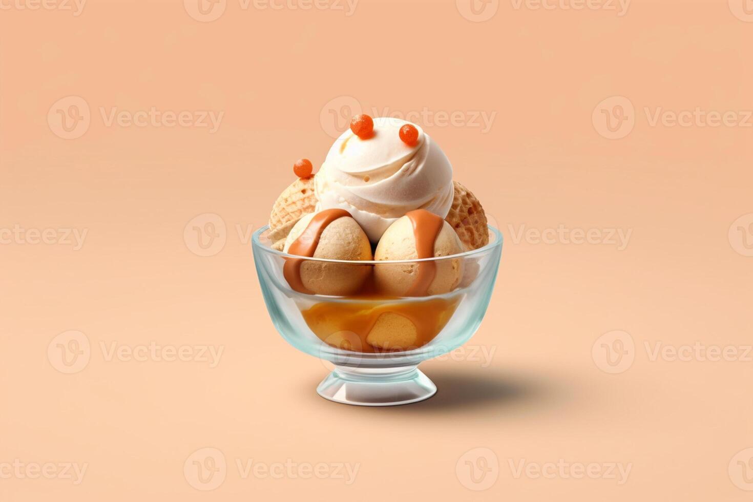 ice cream in a glass bowl on solid color background photo