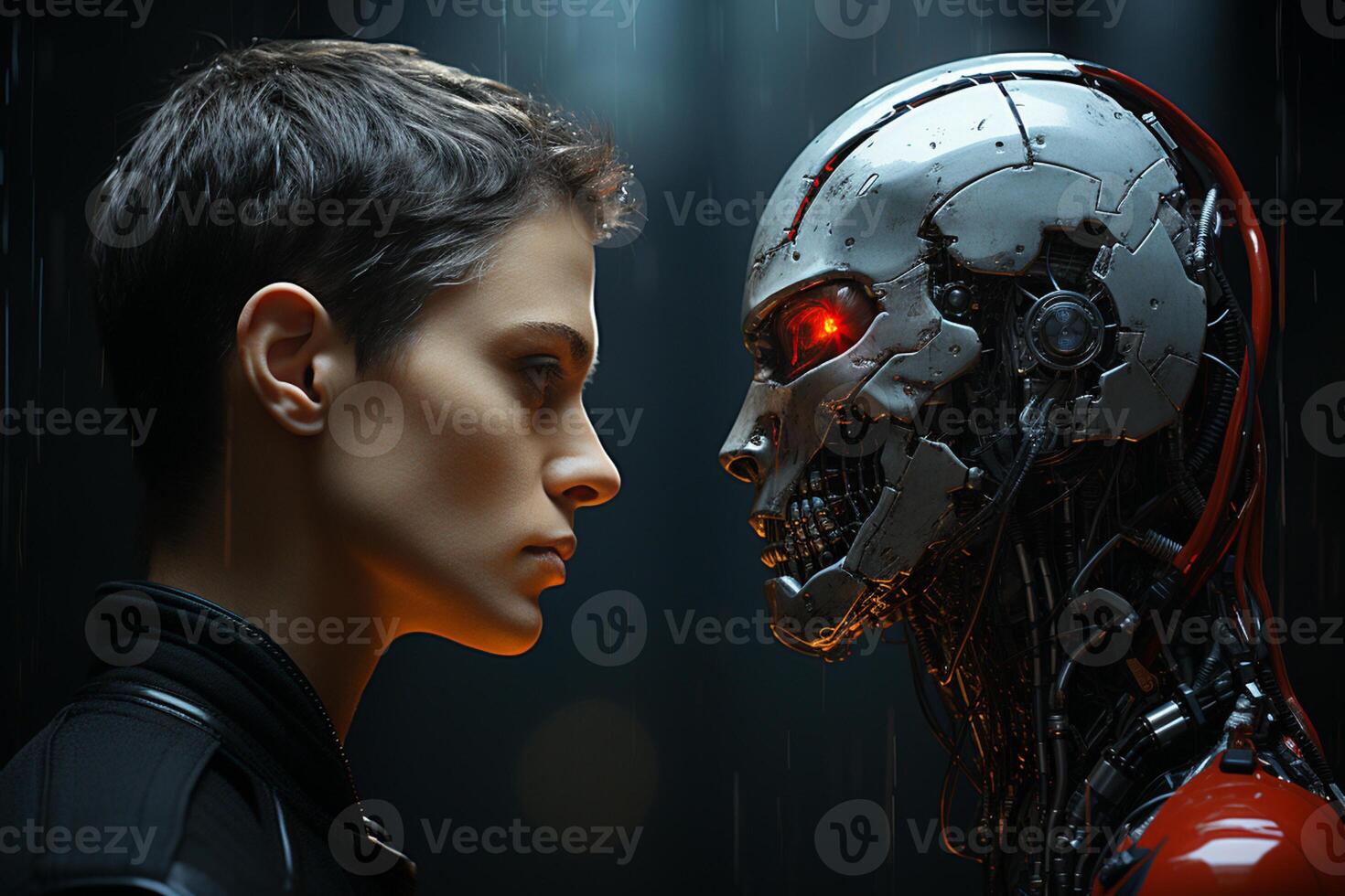 AI Generative human and robot cyborg against of each other , Artificial intelligence concept photo