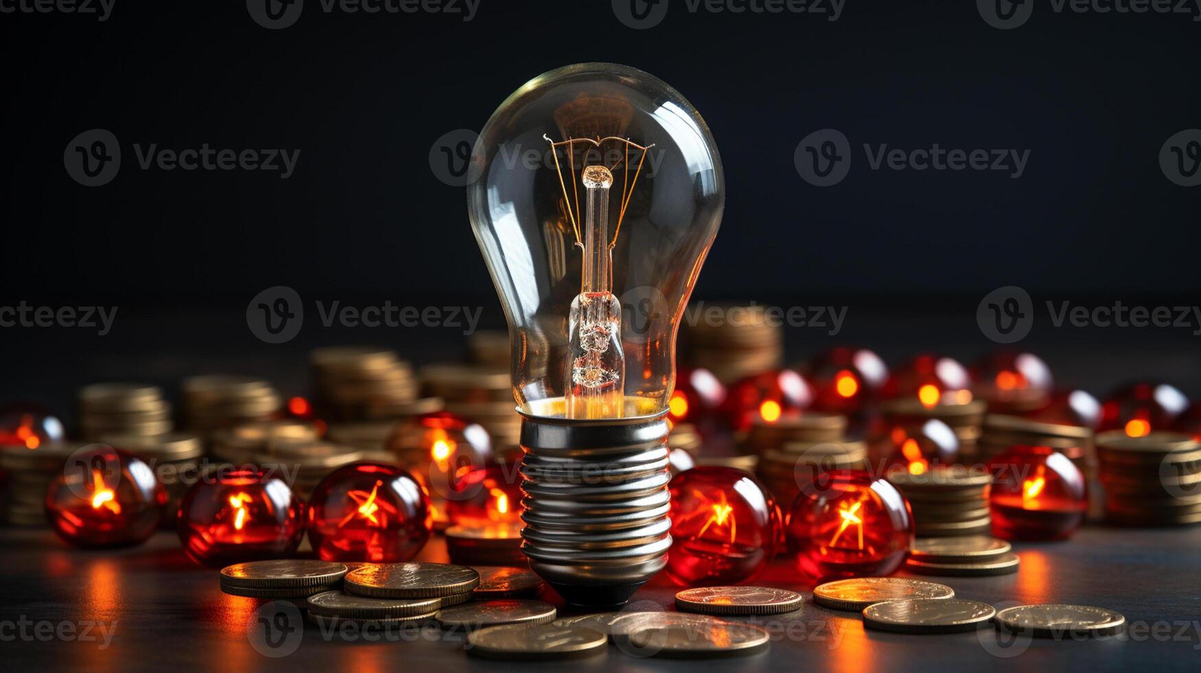 Rising energy cost concept. Light bulb on top of a stack of currency photo