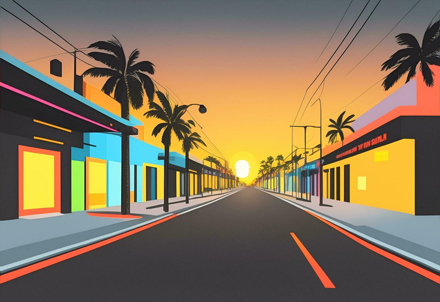 Miami street colorful hues highly detailed flat design. City skyscrapers, urban background. photo