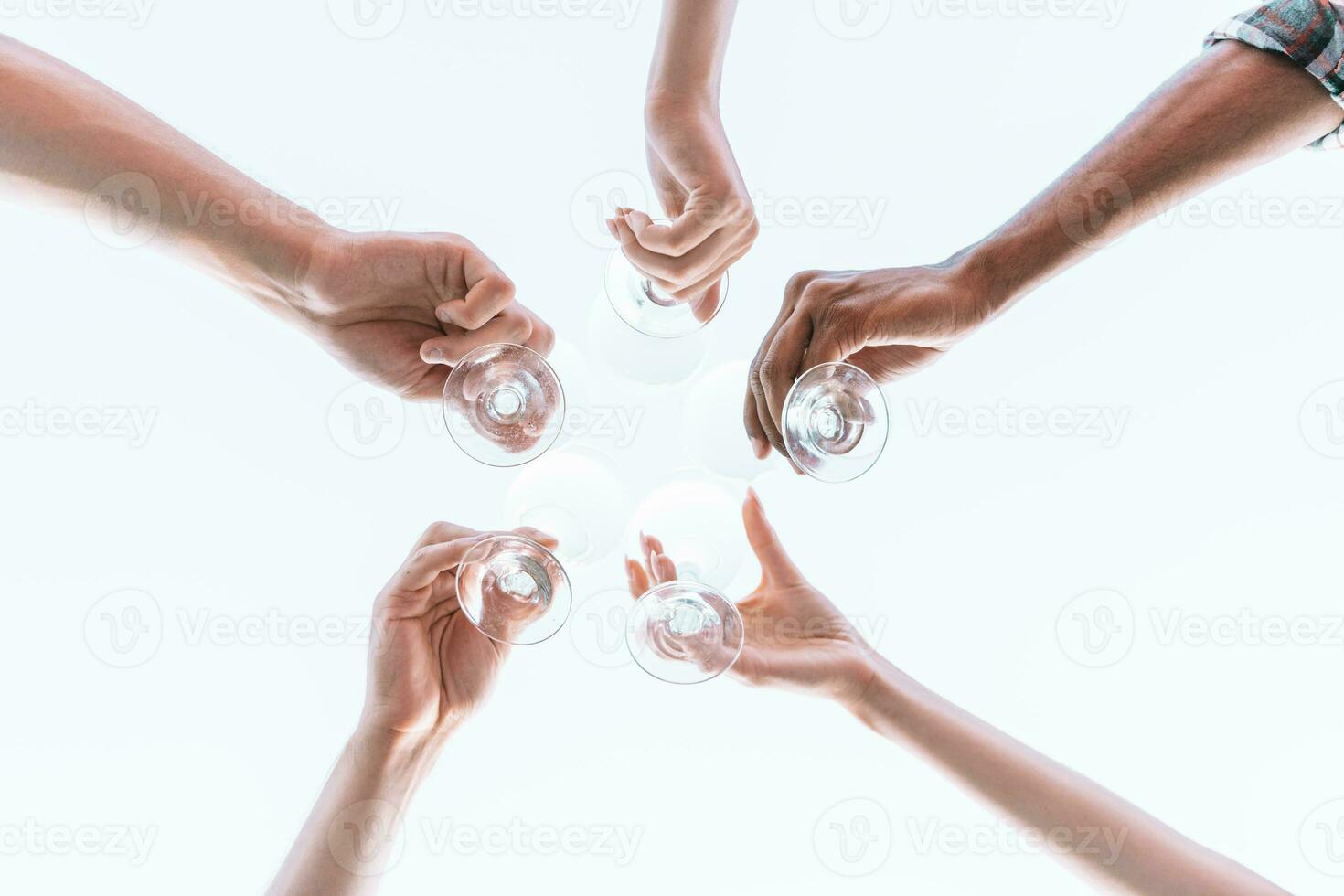 Friends have a picnic and toast with wine photo