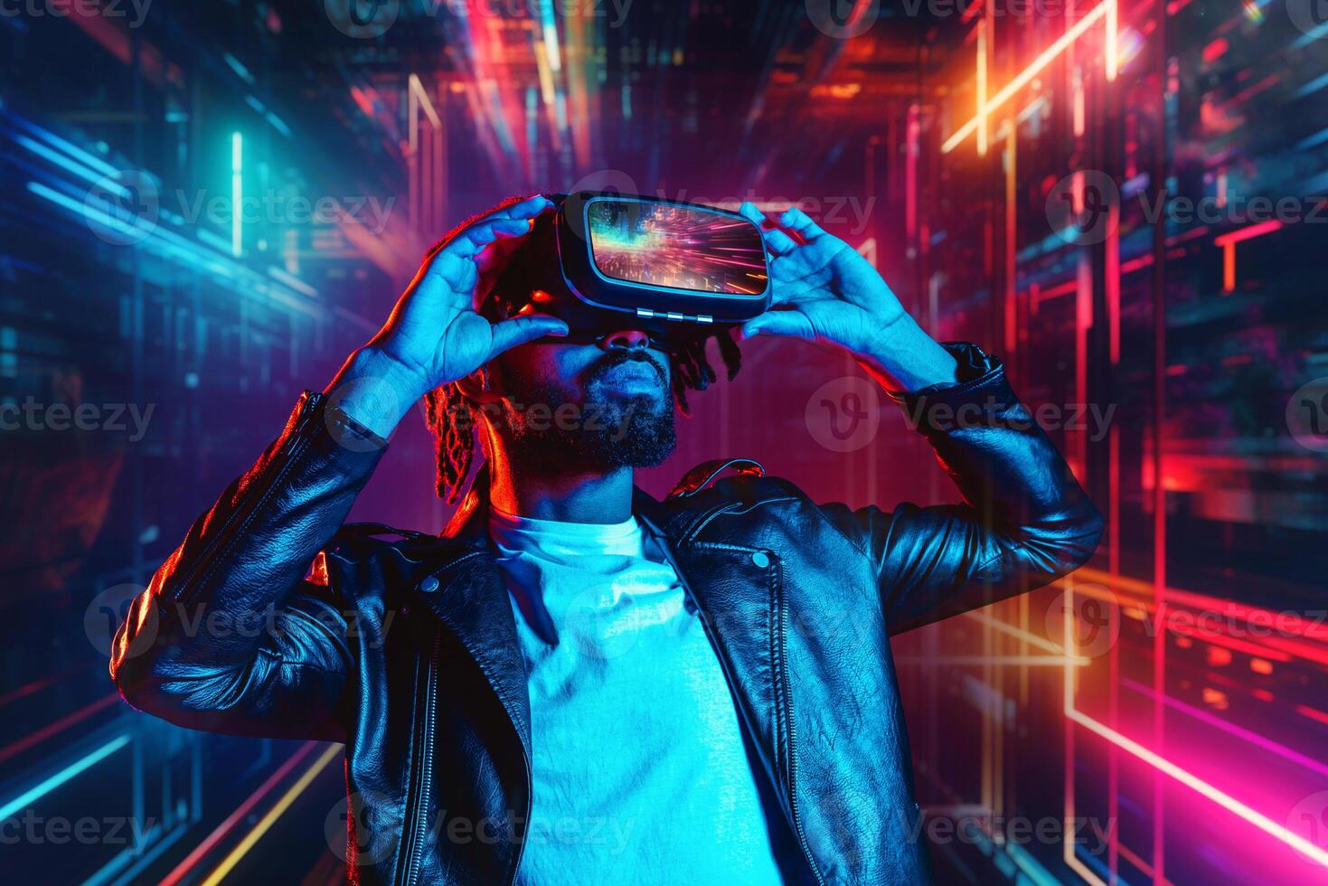 Man with VR glasses watches a 3D scene. photo