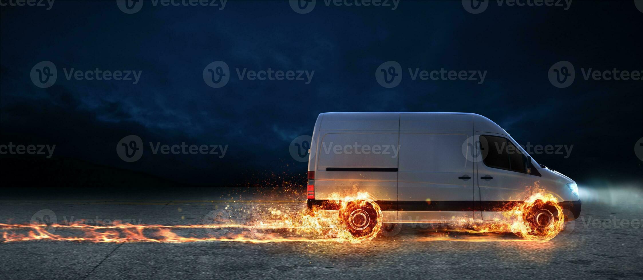 Super fast delivery of package service with van with wheels on fire.3d rendering photo