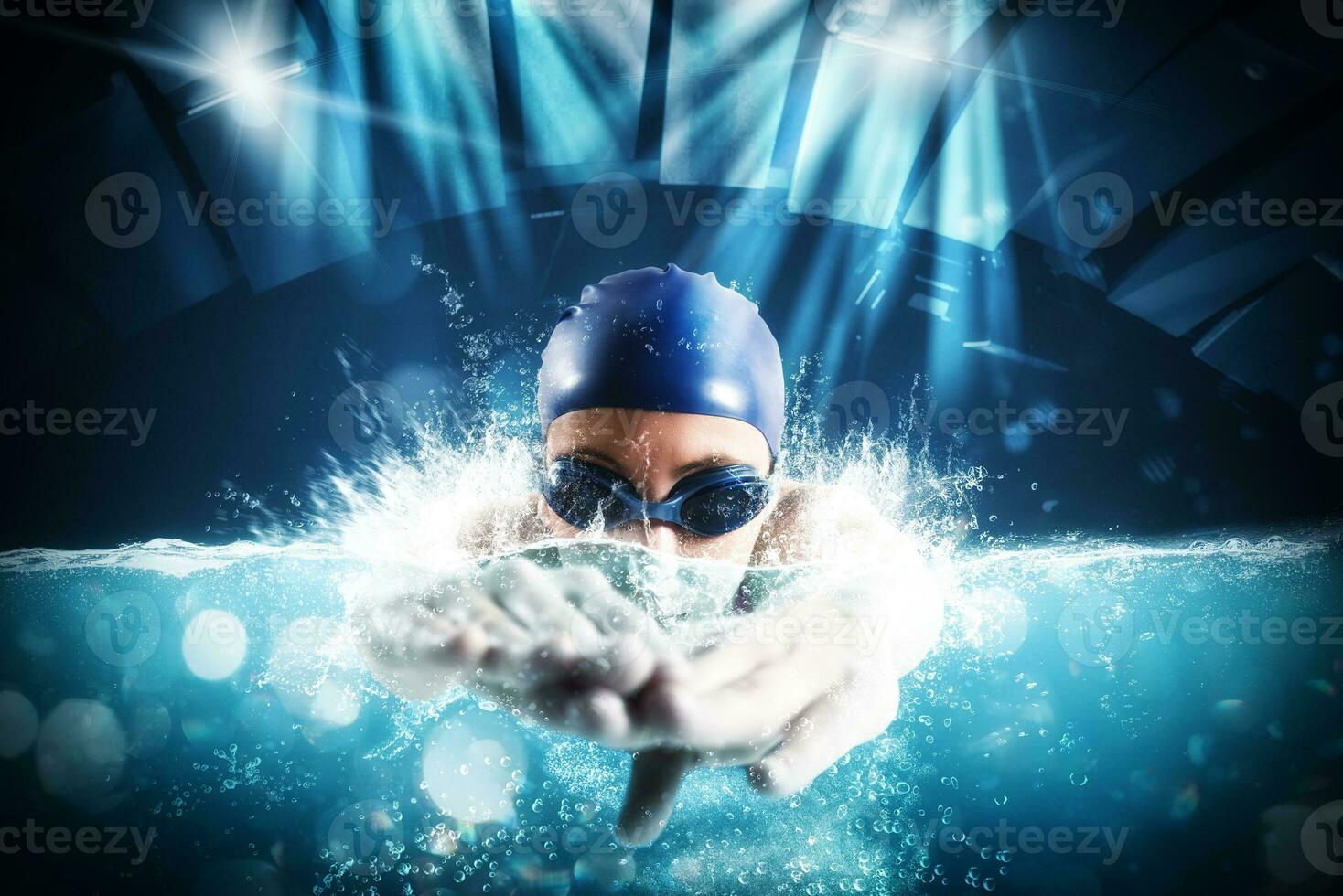 Sporty woman athlete swims with energy during a competition in the pool photo