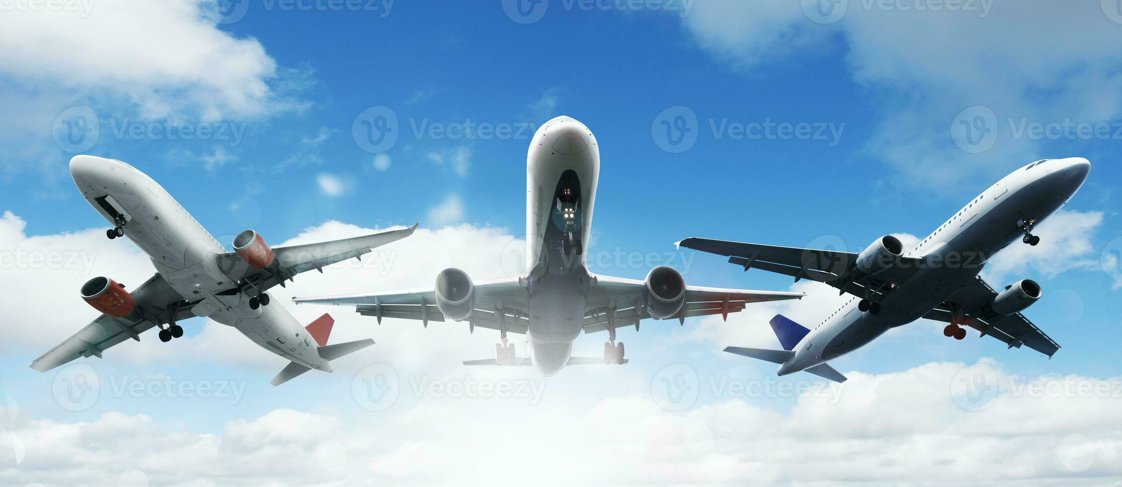 Summer holiday and traveling concept with aircrafts in the sky photo