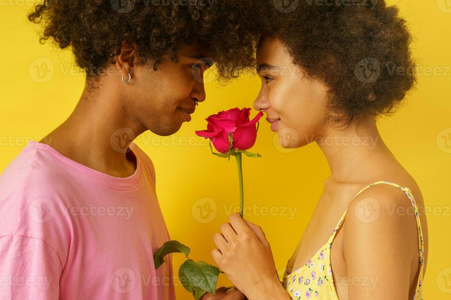 contento romántico Pareja con un Rosa para enamorado día foto