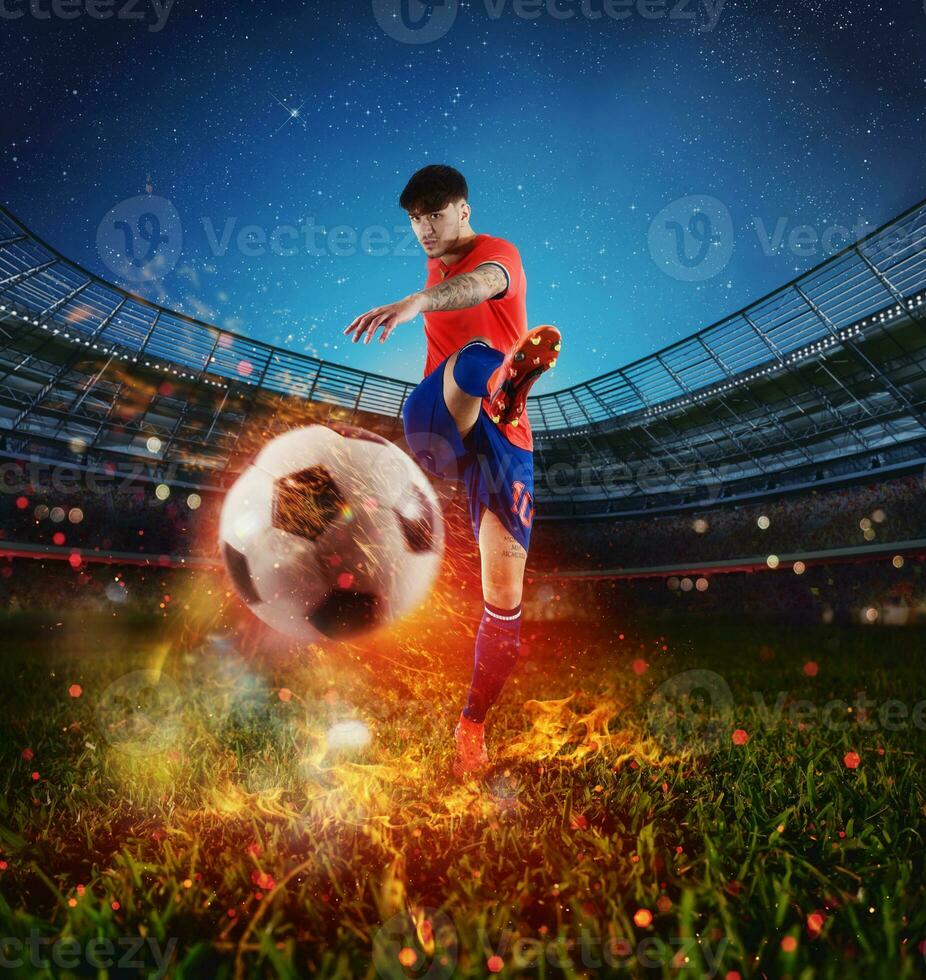 Powerful kick of a soccer player with fiery ball photo