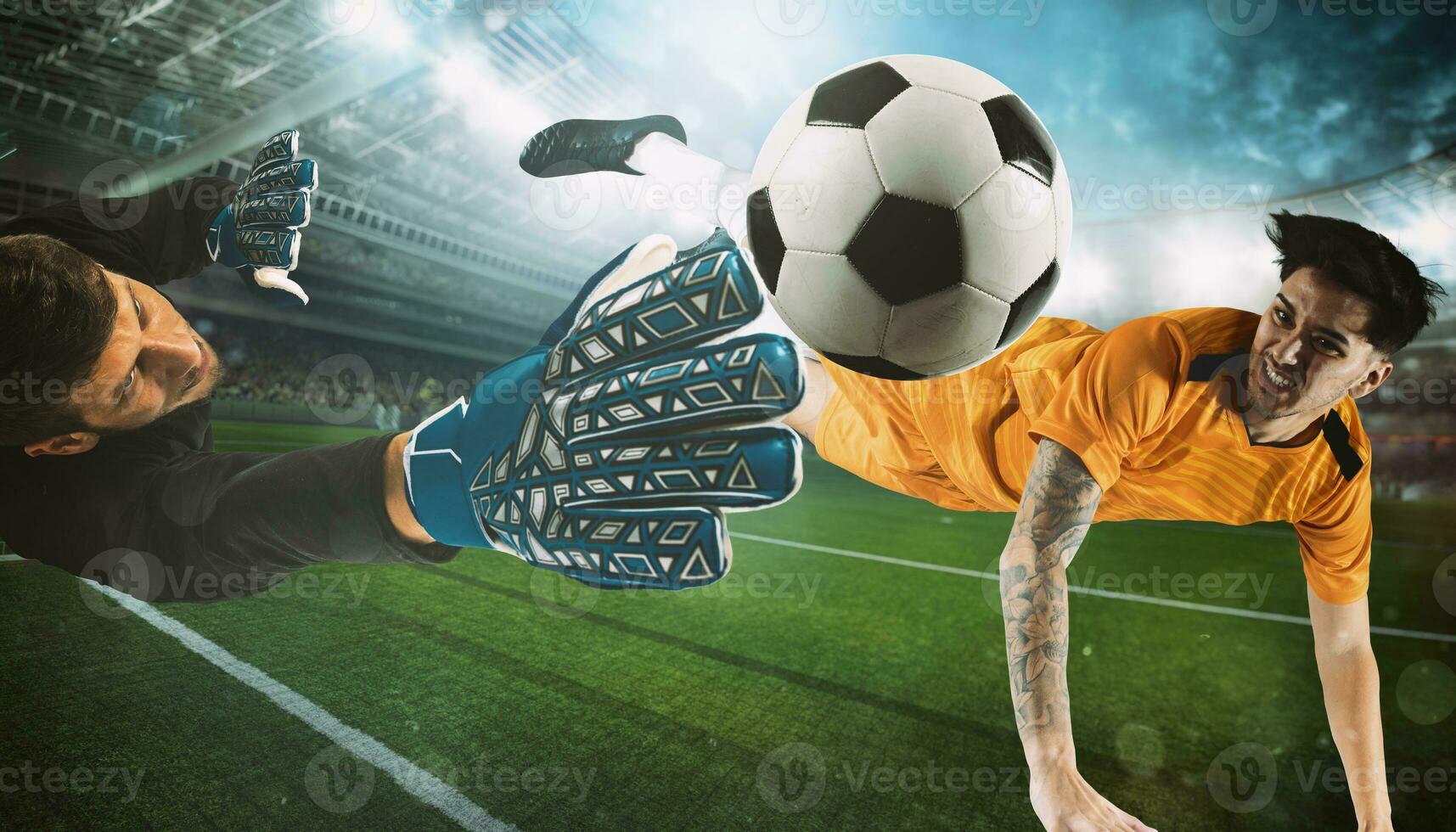Football action in attack with striker trying to score at the goalkeeper photo