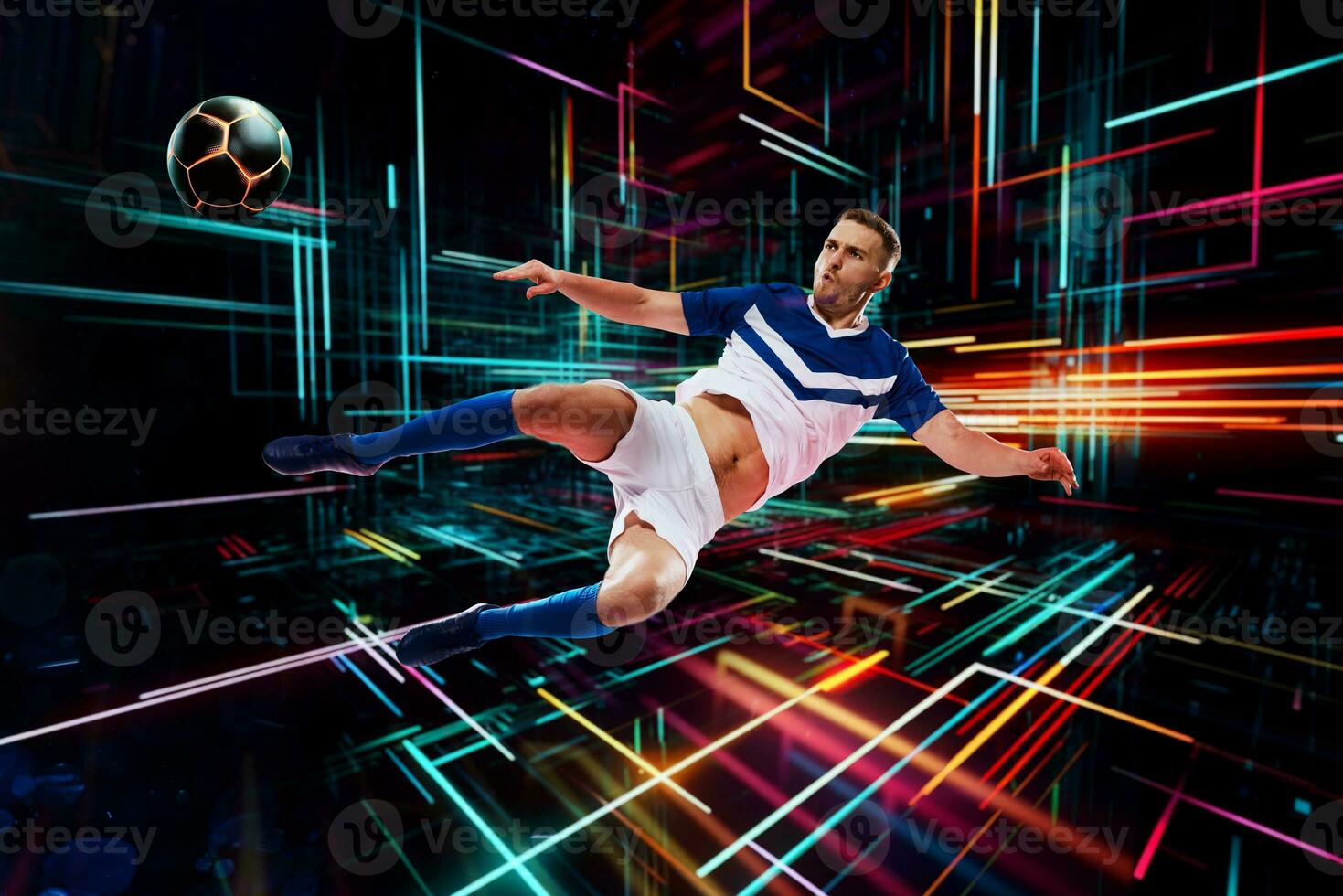 Football scene with soccer player on futuristic digital background. Generative AI photo