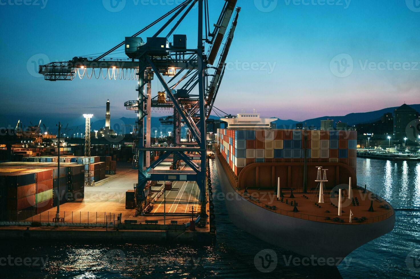 Merchant ship moored at the port with the containers ready for shipping photo
