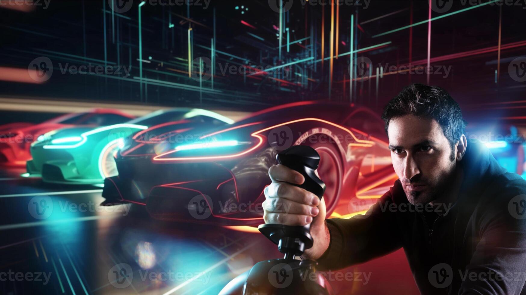 Man plays with a futuristic game of car race. photo