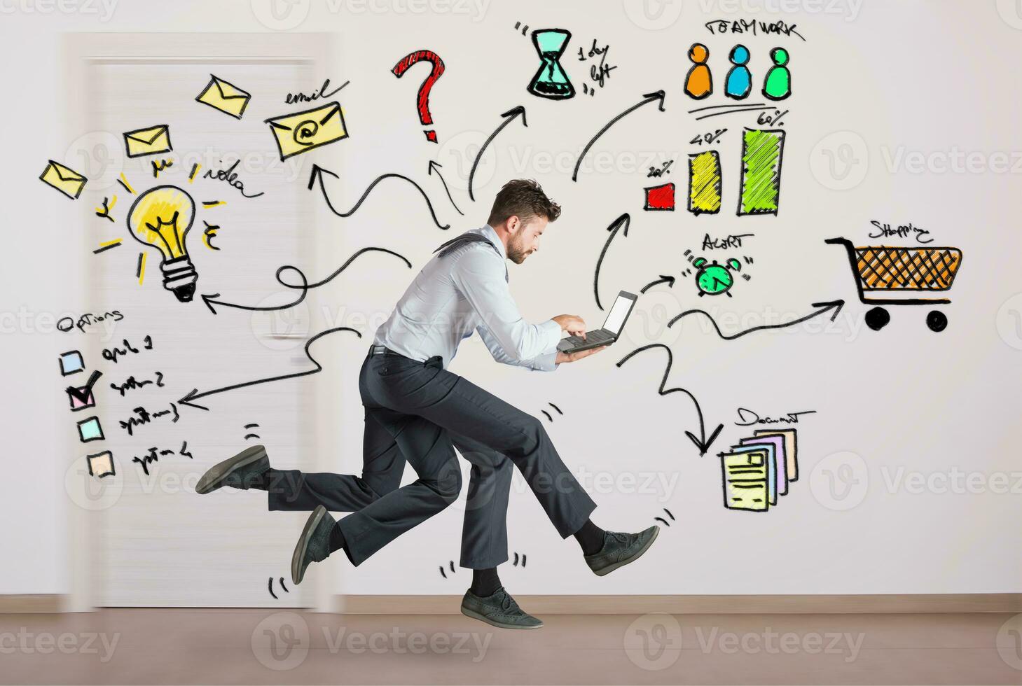 Businessman with four legs runs with too many tasks on laptop. Concept of stress and overwork photo