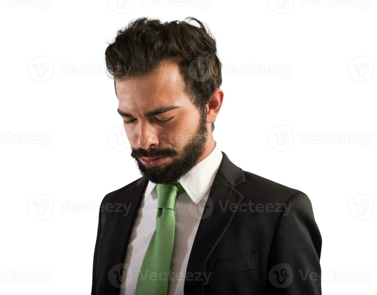 Tired businessman is exhausted due to overworked photo