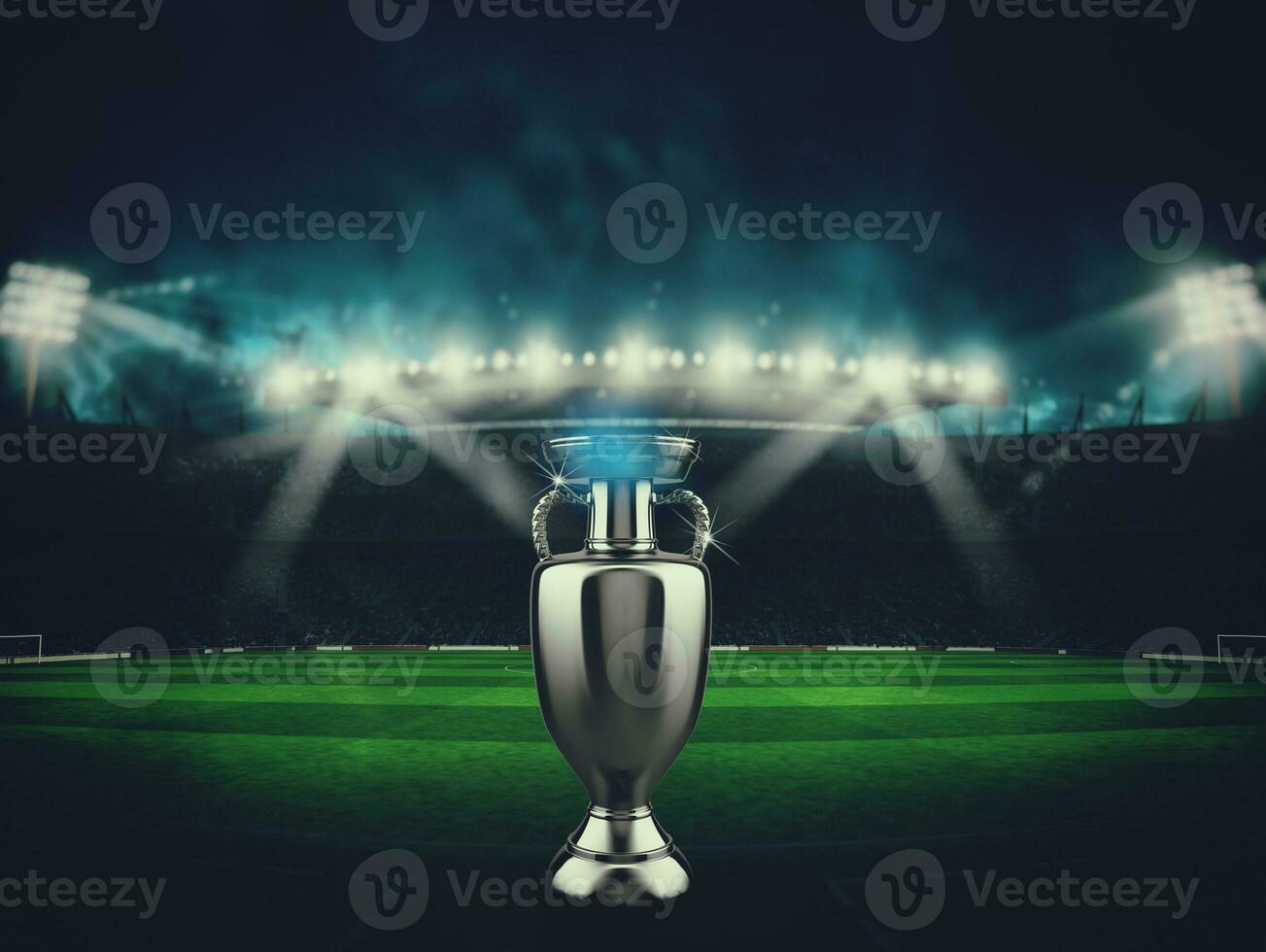 Soccer stadium with no players anda the trophy for winners. 3D Rendering photo