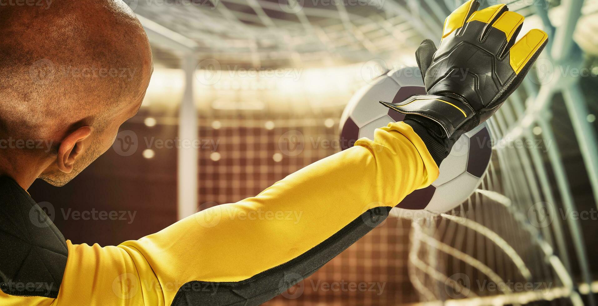 Goalkeeper catches the ball in the stadium during a football game photo