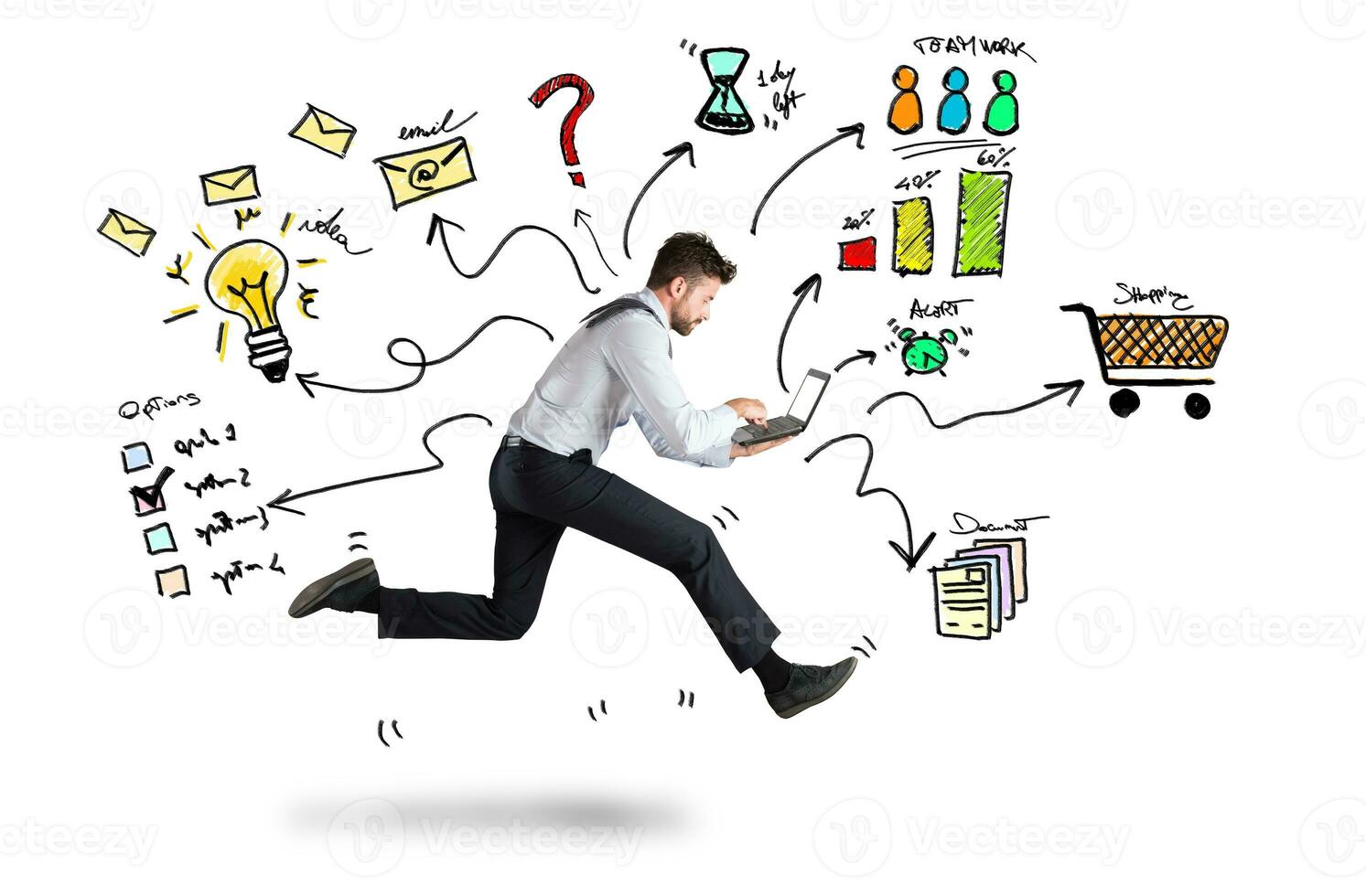 Businessman runs with too many tasks on laptop. Concept of stress and overwork photo