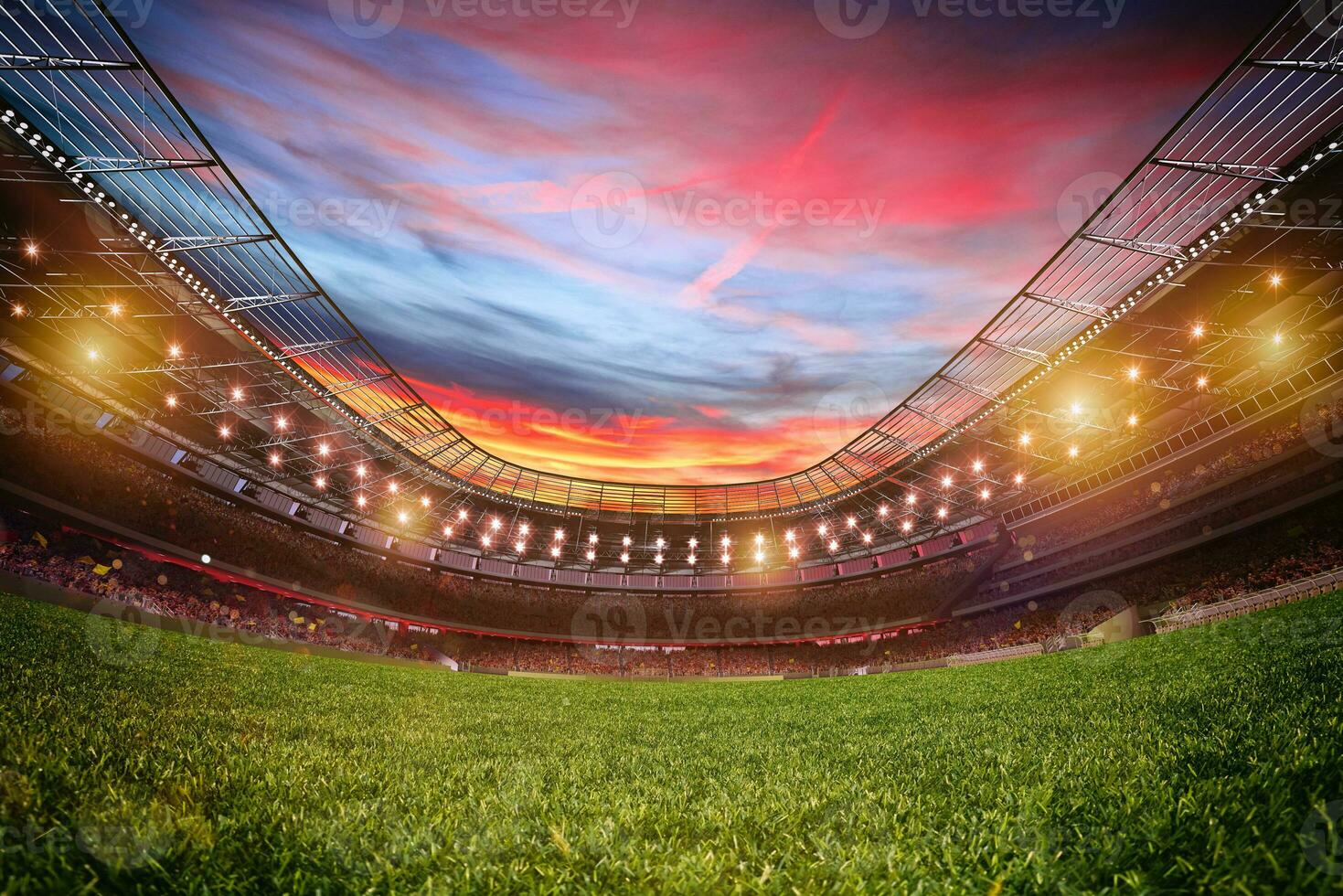 Football stadium with the stands full of fans waiting for the game. 3D Rendering photo