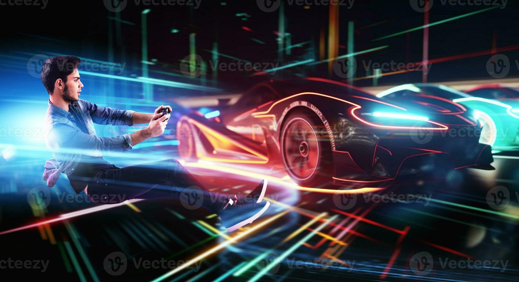 Young man with game controller plays with a cars video game photo