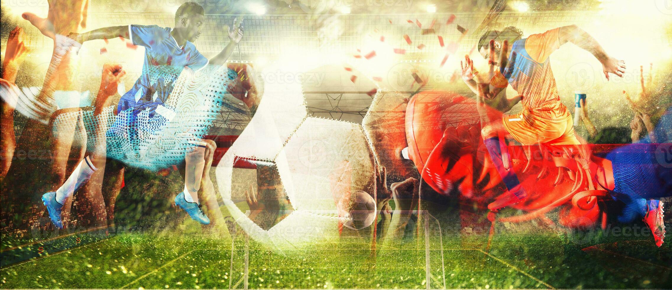 Double exposure soccer background with two soccer players and stadium photo