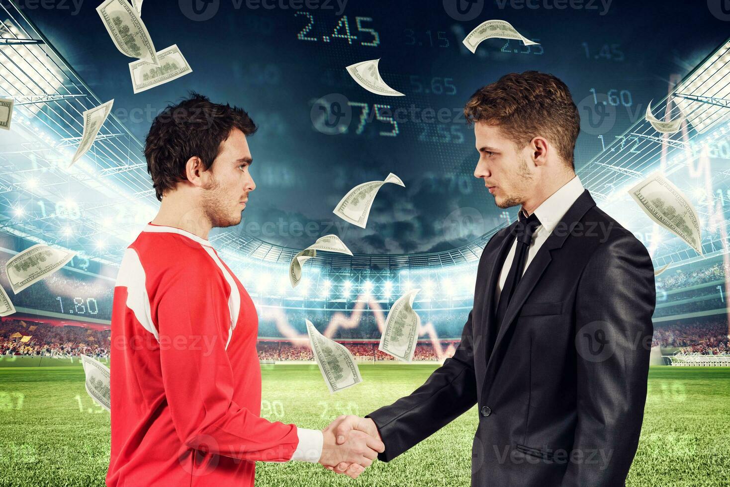 Football market with soccer player handshaking with manager photo