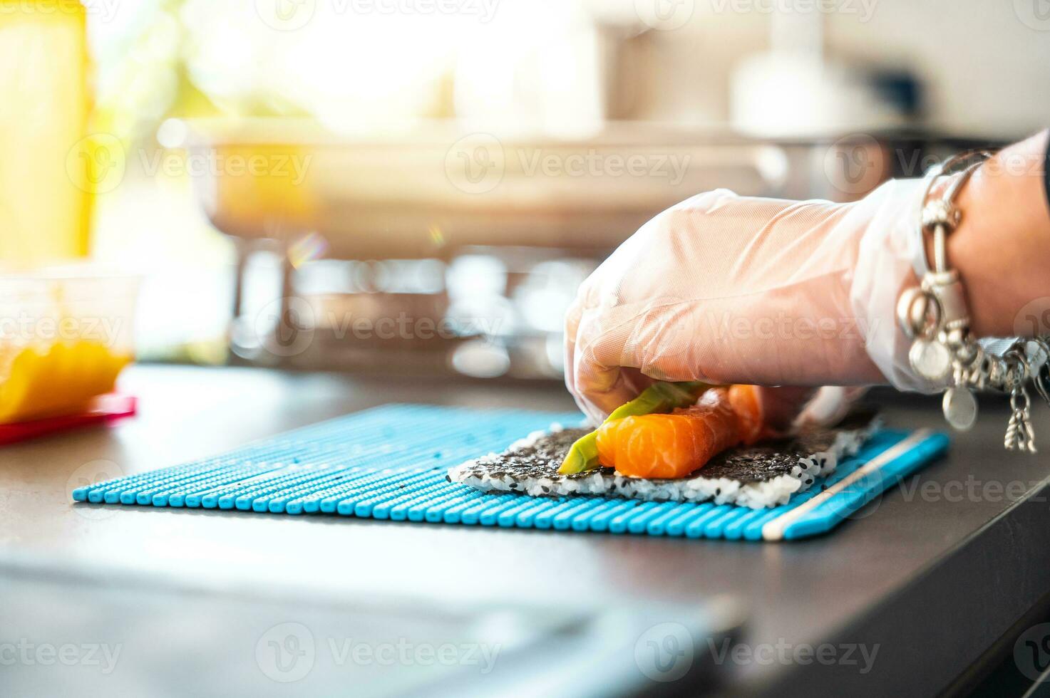 Close up of tasty japanese uramaki sushi with salmon photo