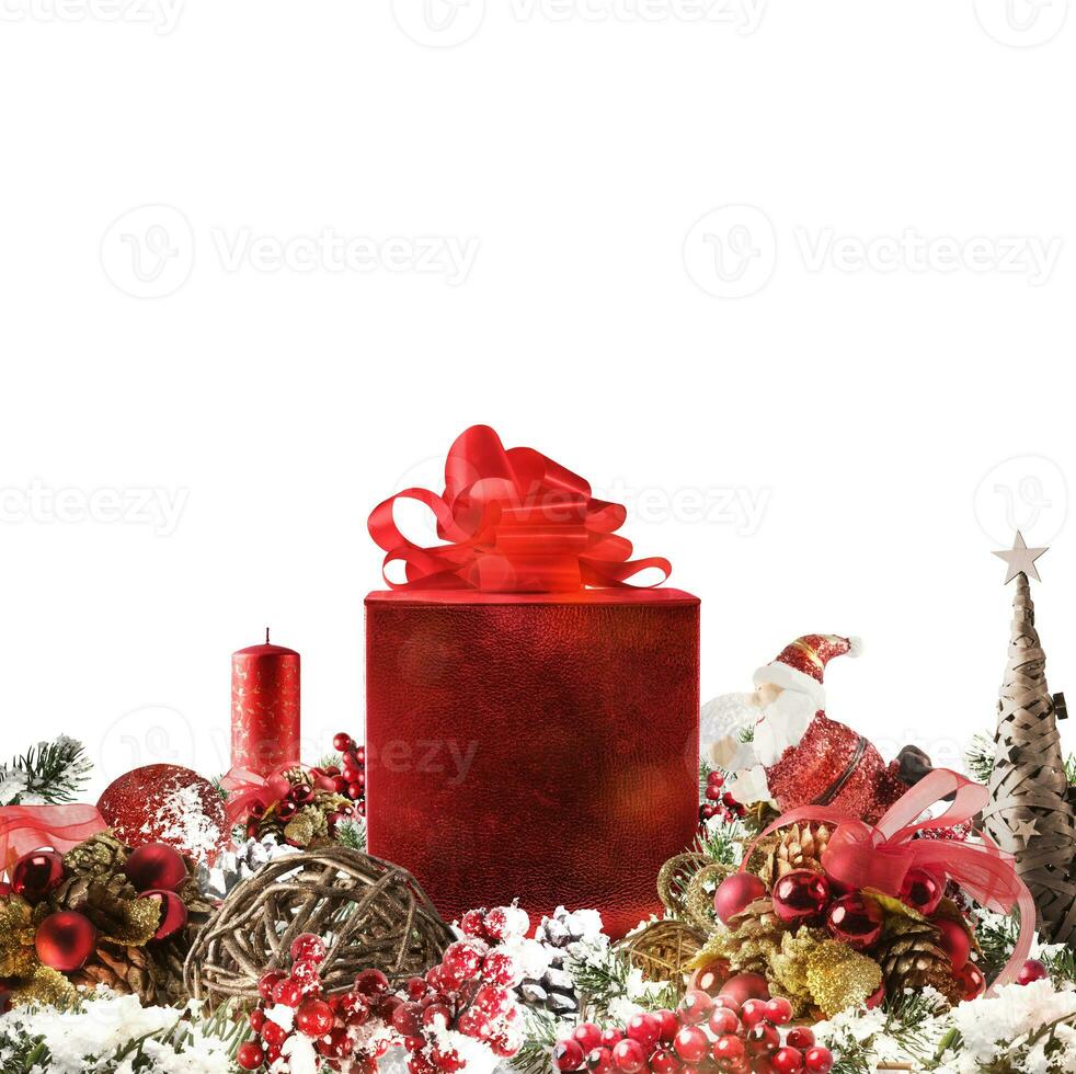 Christmas background concept. Shimmering Christmas decorations with gift, tree, Santa Claus and candles photo