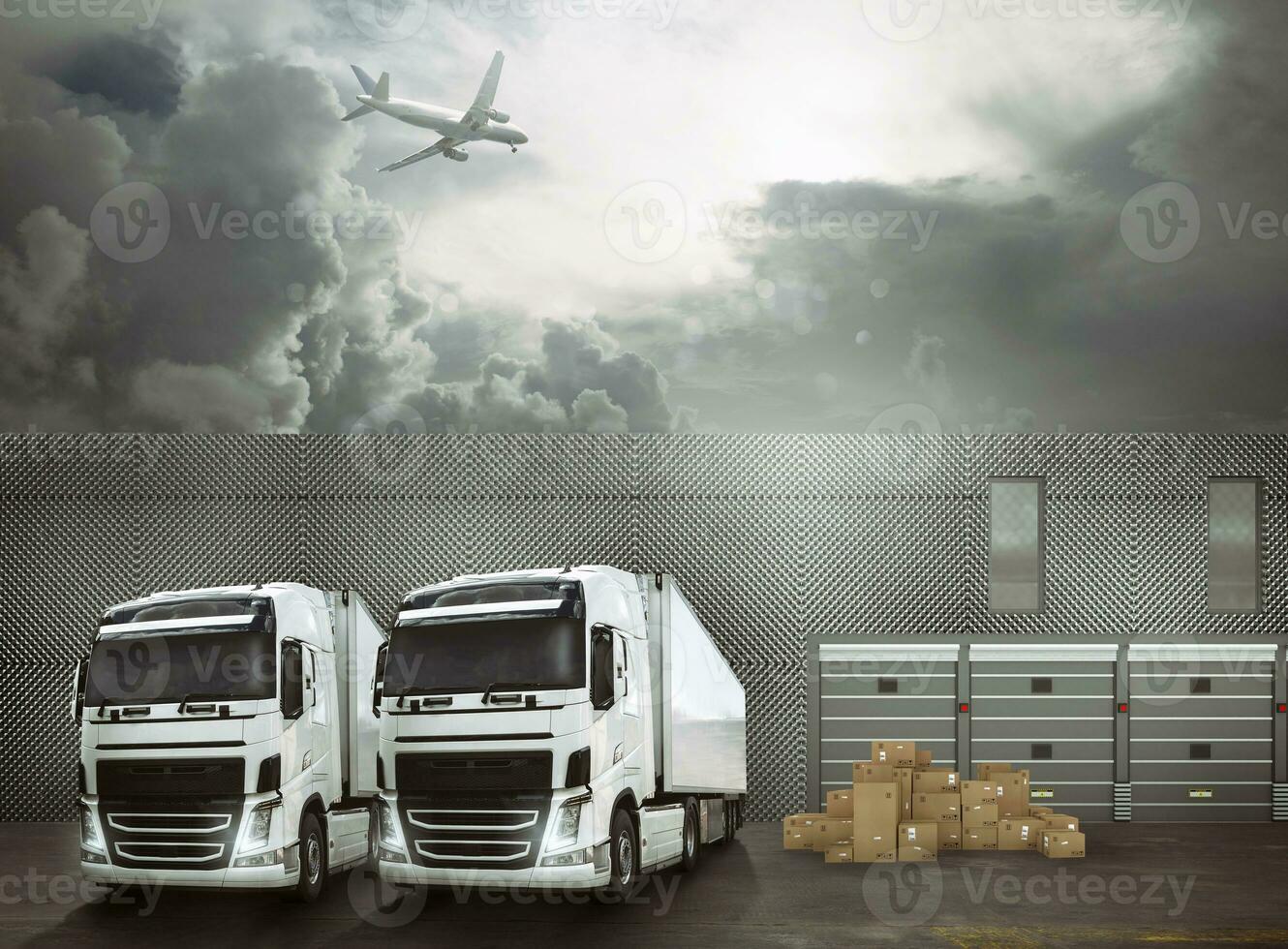 White trucks in the forecourt of an interchange port ready to load the goods and reach the destinations. International shipping logistics concept photo