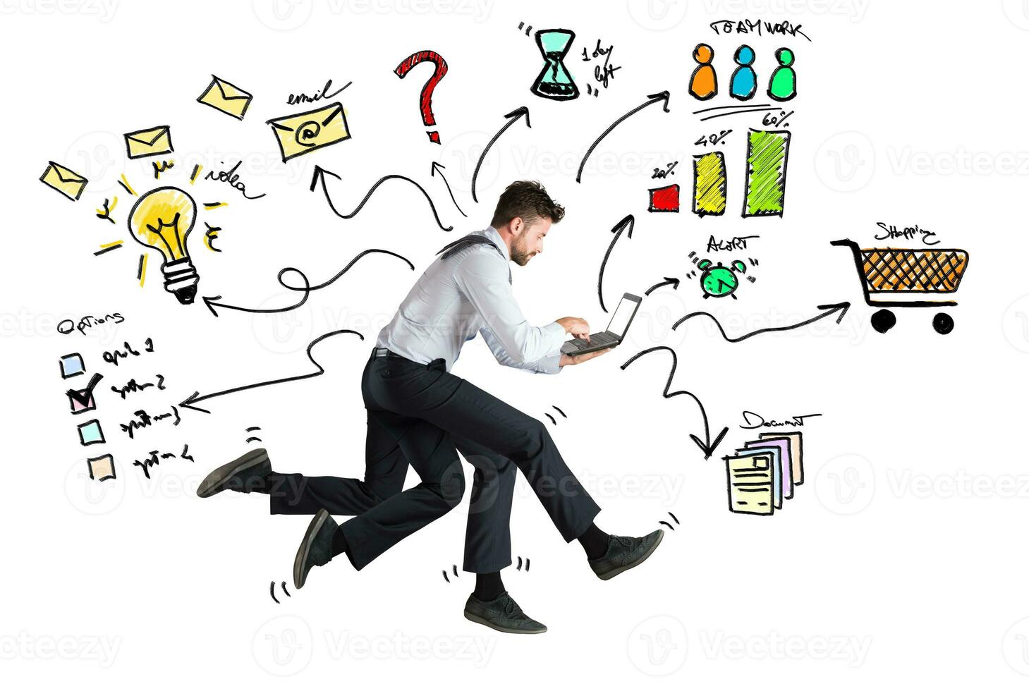 Businessman with four legs runs with too many tasks on laptop. Concept of stress and overwork photo