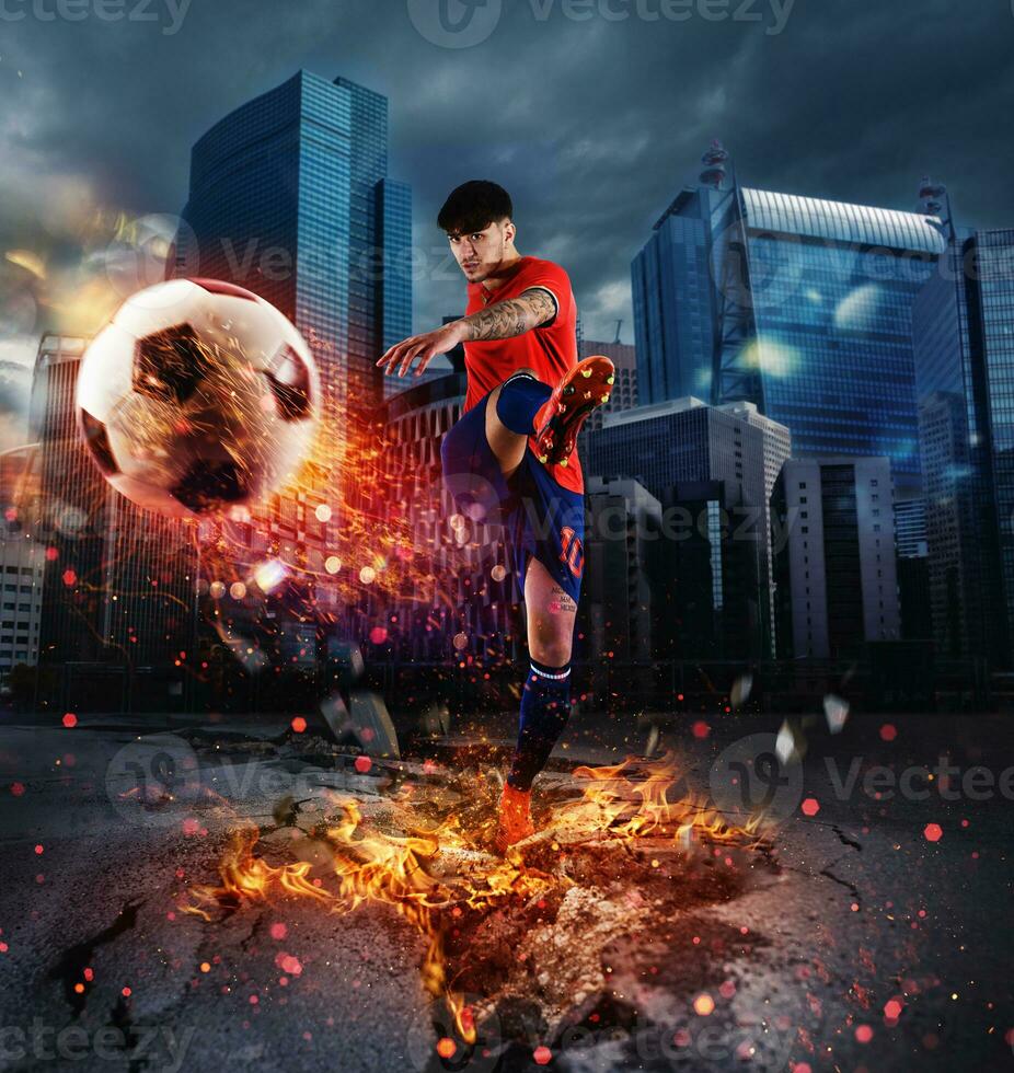 Powerful kick of a soccer player with fiery ball photo