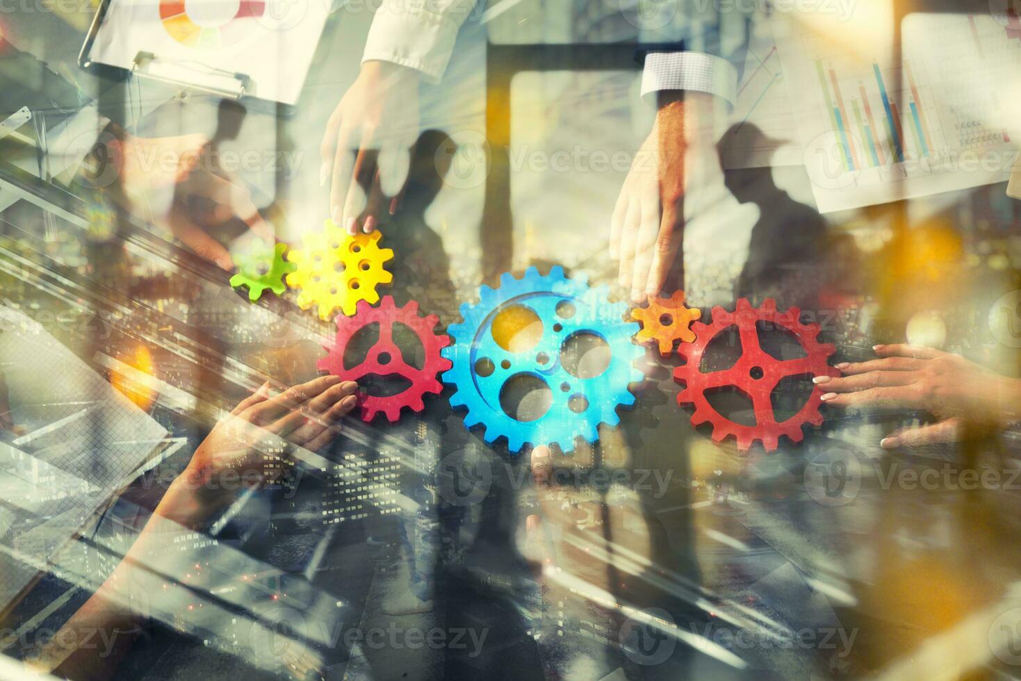 Business team connecting gears. Teamwork, partnership and integration concept. Double exposure photo