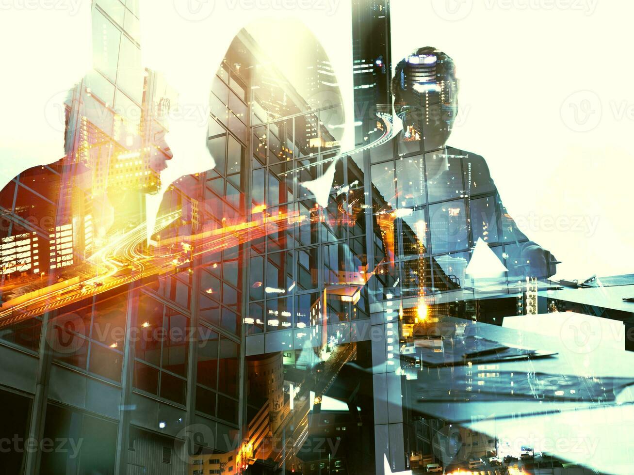 Background concept with business people silhouette at work. Double exposure and light effects photo